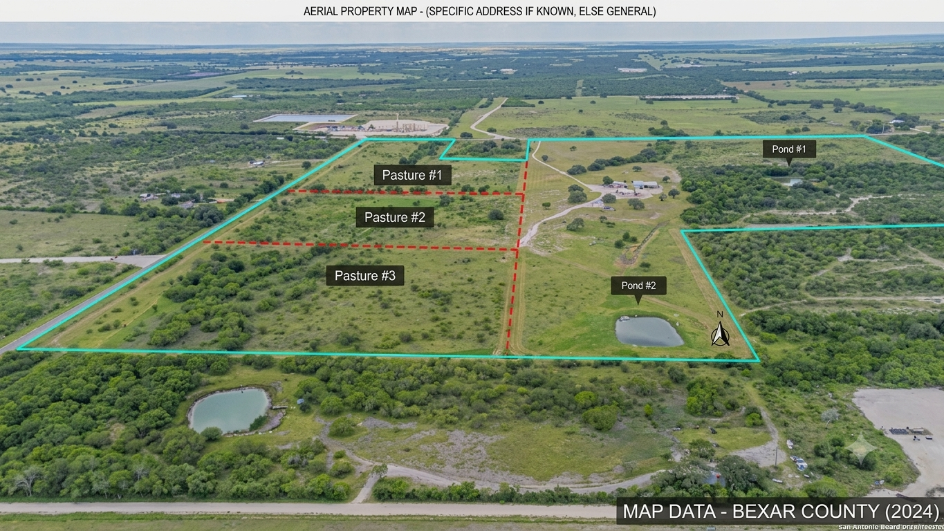 Aerial property map of 2 Hearts Infinity Ranch showing pastures and ponds in Karnes County